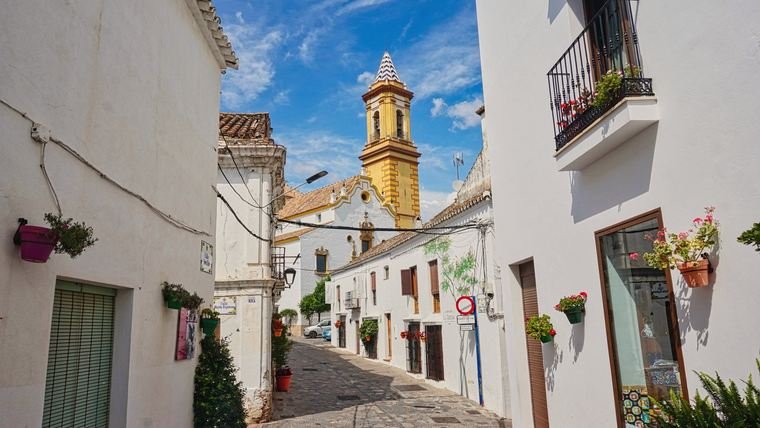 Calle del centro de Estepona, Málaga, con fachadas blancas y macetas de flores en las paredes.